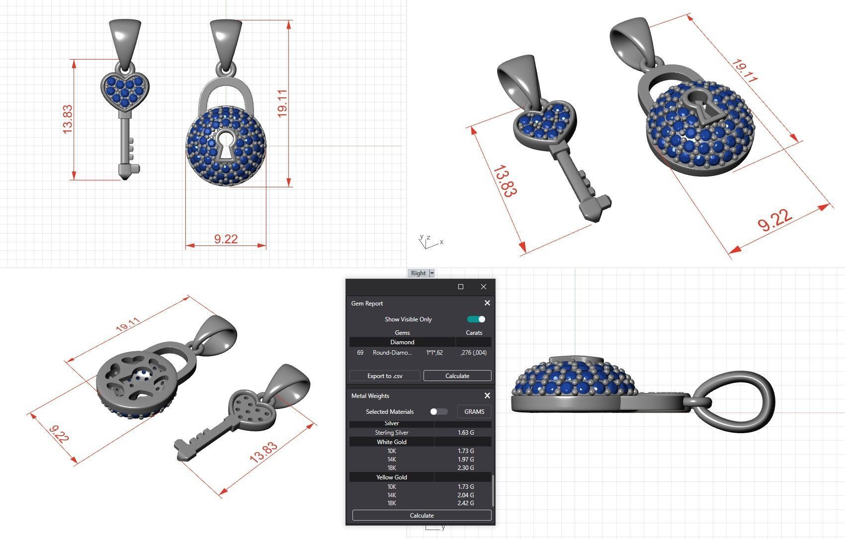 Diamond Lock and Heart Key Pendant 3D print model_1
