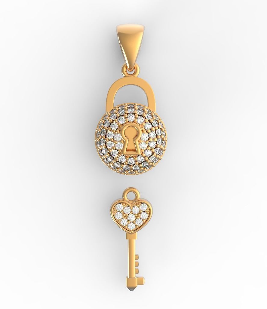 Diamond Lock and Heart Key Pendant 3D print model_2