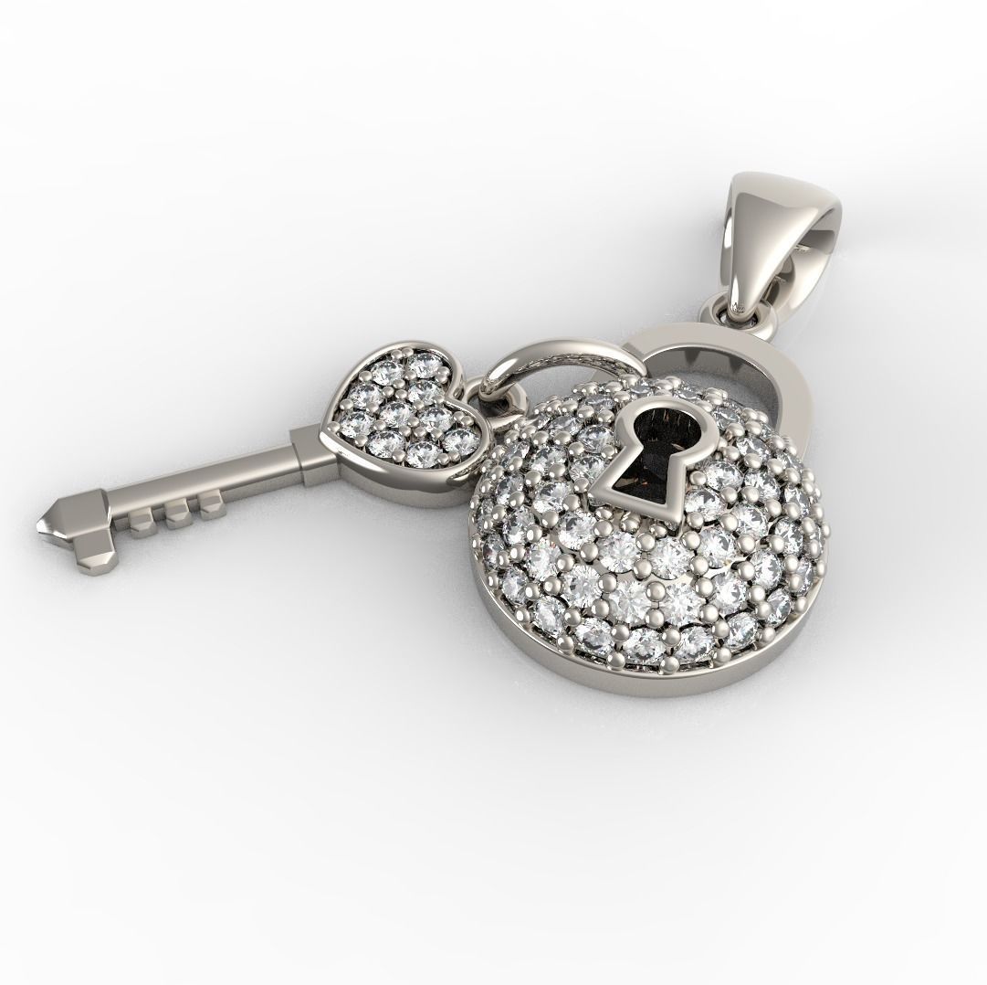 Diamond Lock and Heart Key Pendant 3D print model_3