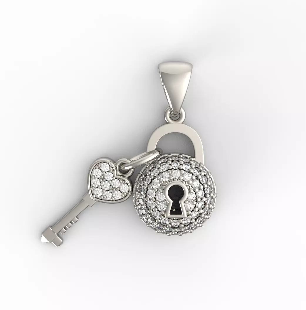 Diamond Lock and Heart Key Pendant 3D print model_0