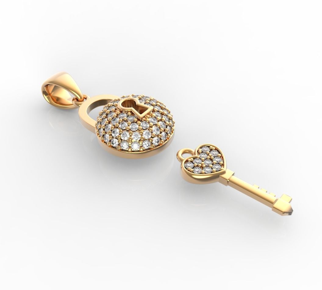 Diamond Lock and Heart Key Pendant 3D print model_4