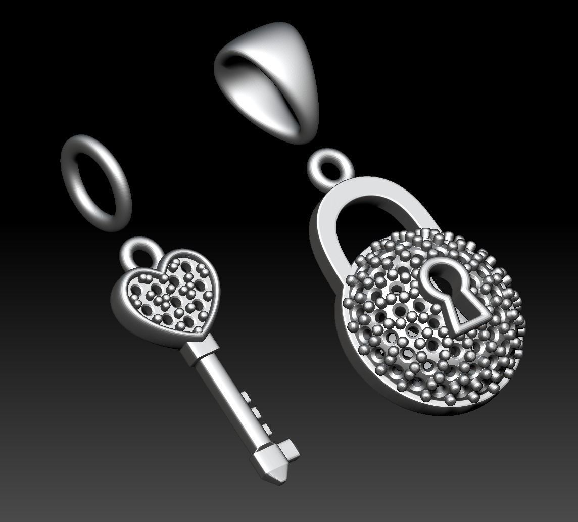 Diamond Lock and Heart Key Pendant 3D print model_8