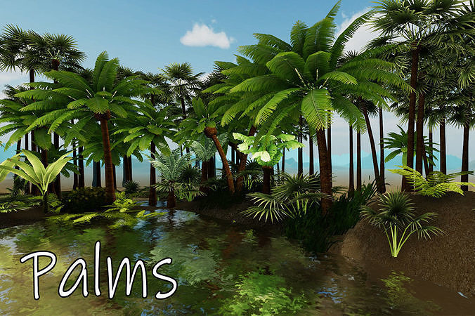 Palms palm trees and pond Low-poly 3D model