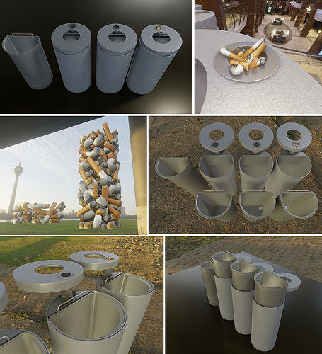  Street Trash Bin with Ashtray and Cigarette Butts Low-poly 3D model