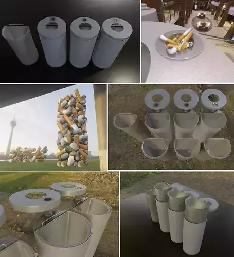  Street Trash Bin with Ashtray and Cigarette Butts Low-poly 3D model