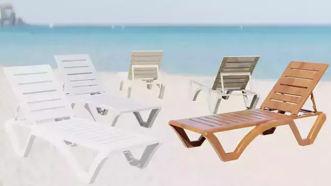 Sunbed four plastic lounge chairs on beach