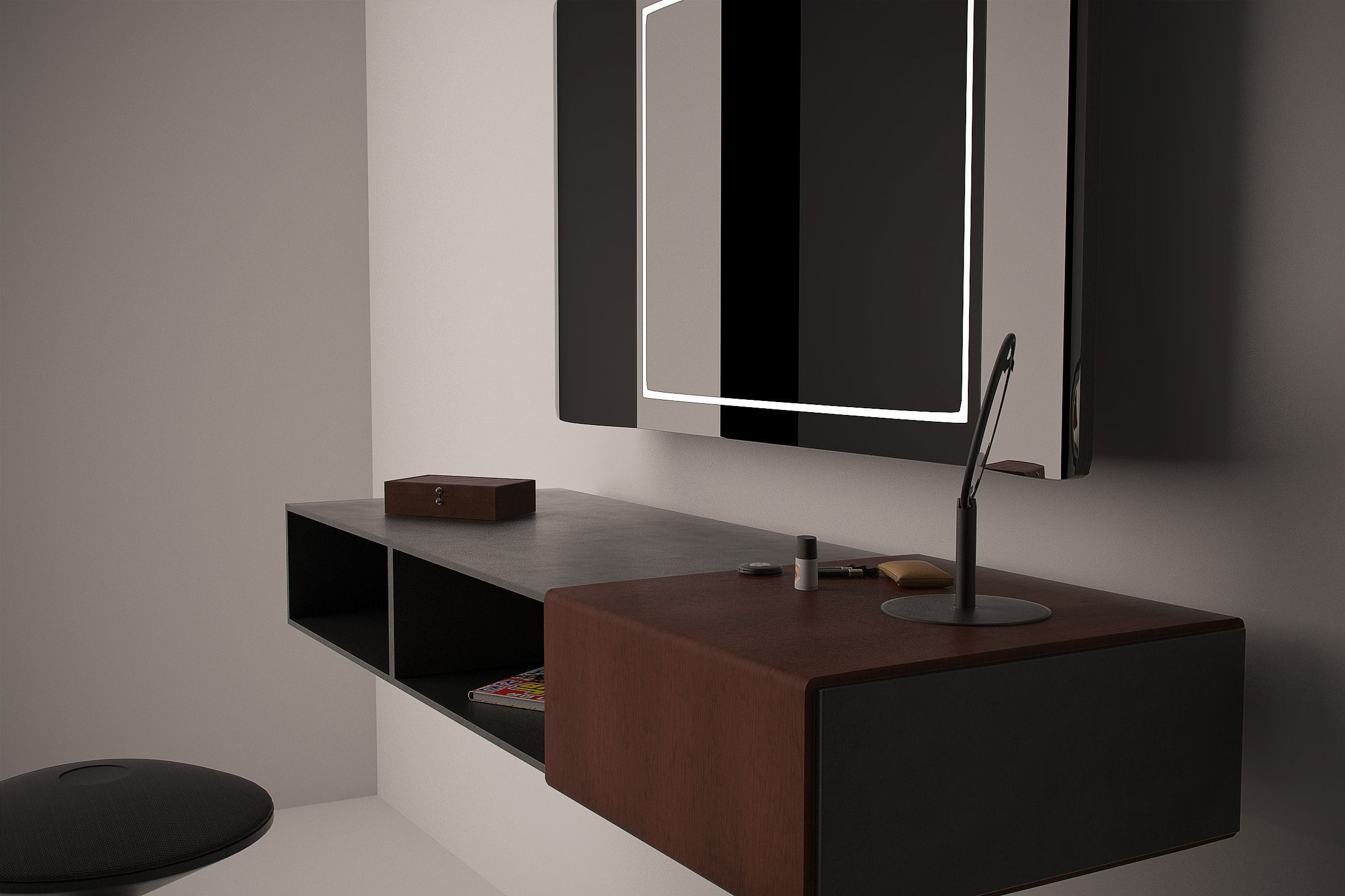 MakeUp Set modern bathroom with mirror and stool 3D model_1