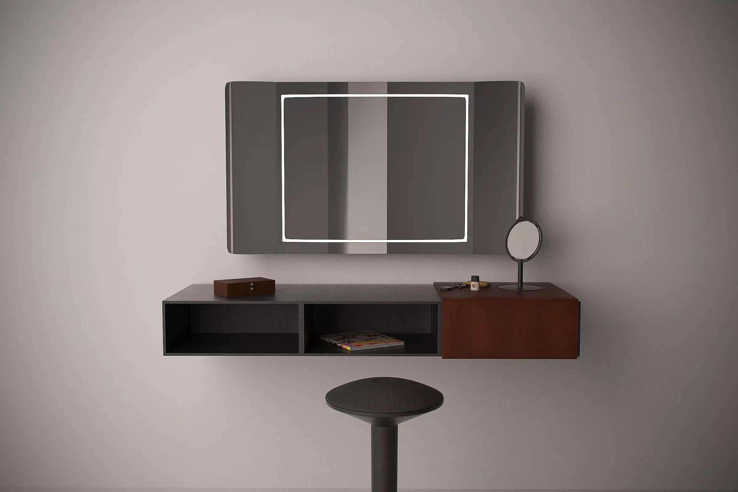 MakeUp Set modern bathroom with mirror and stool 3D model_0