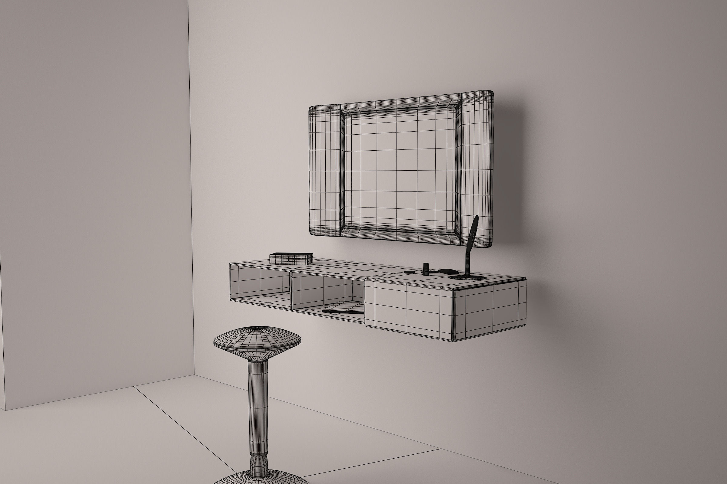 MakeUp Set modern bathroom with mirror and stool 3D model_3
