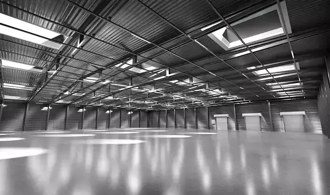 Spacious empty metal beamed Warehouse