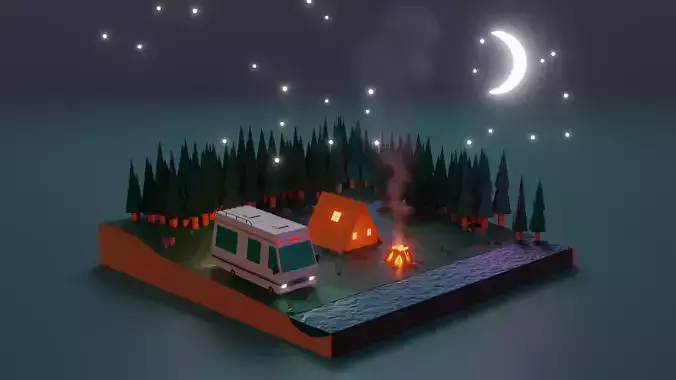 Camp Fire Blender Lowpoly Isometric