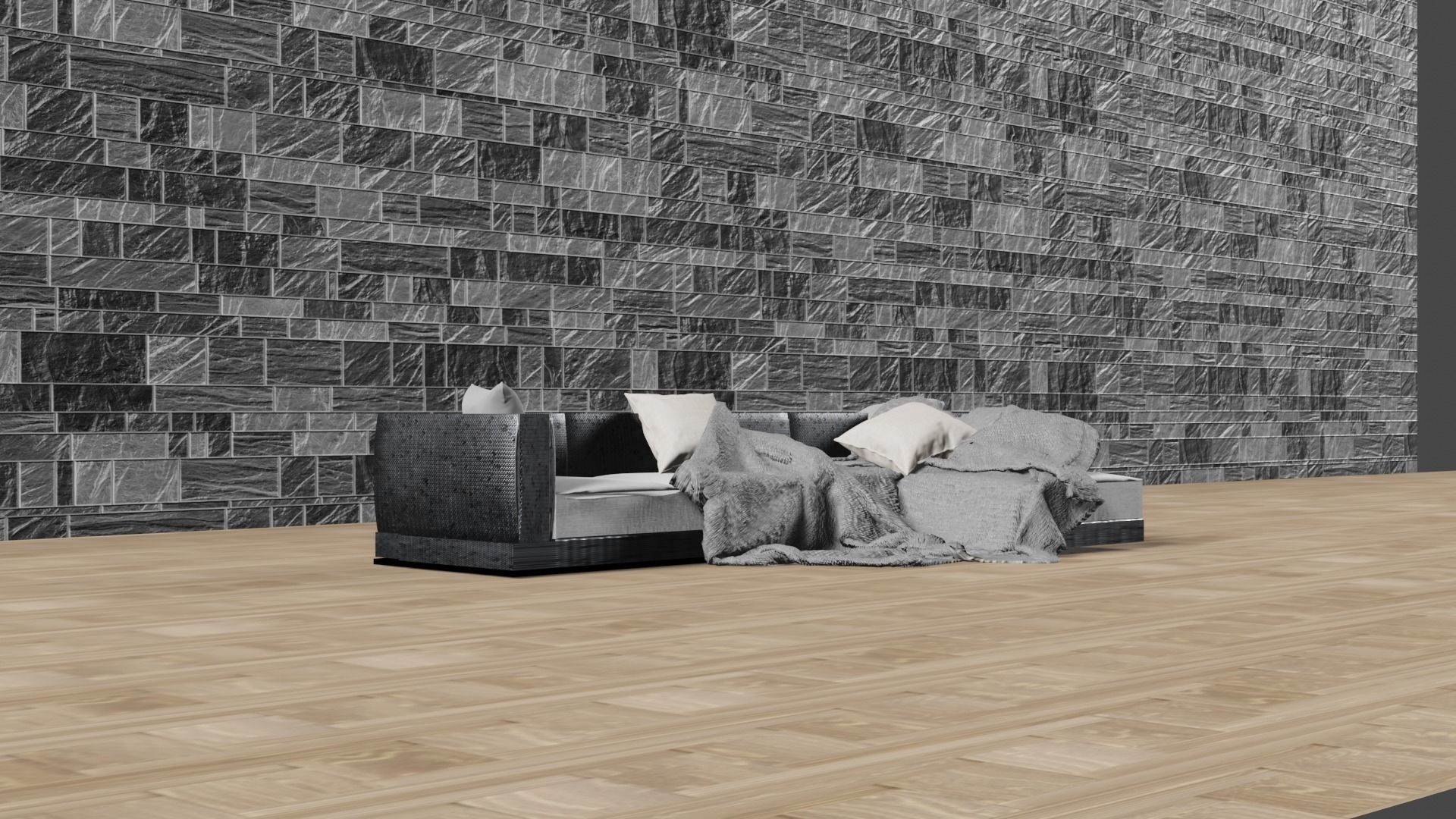 Modern sofa with pillows and blanket 3D model_6