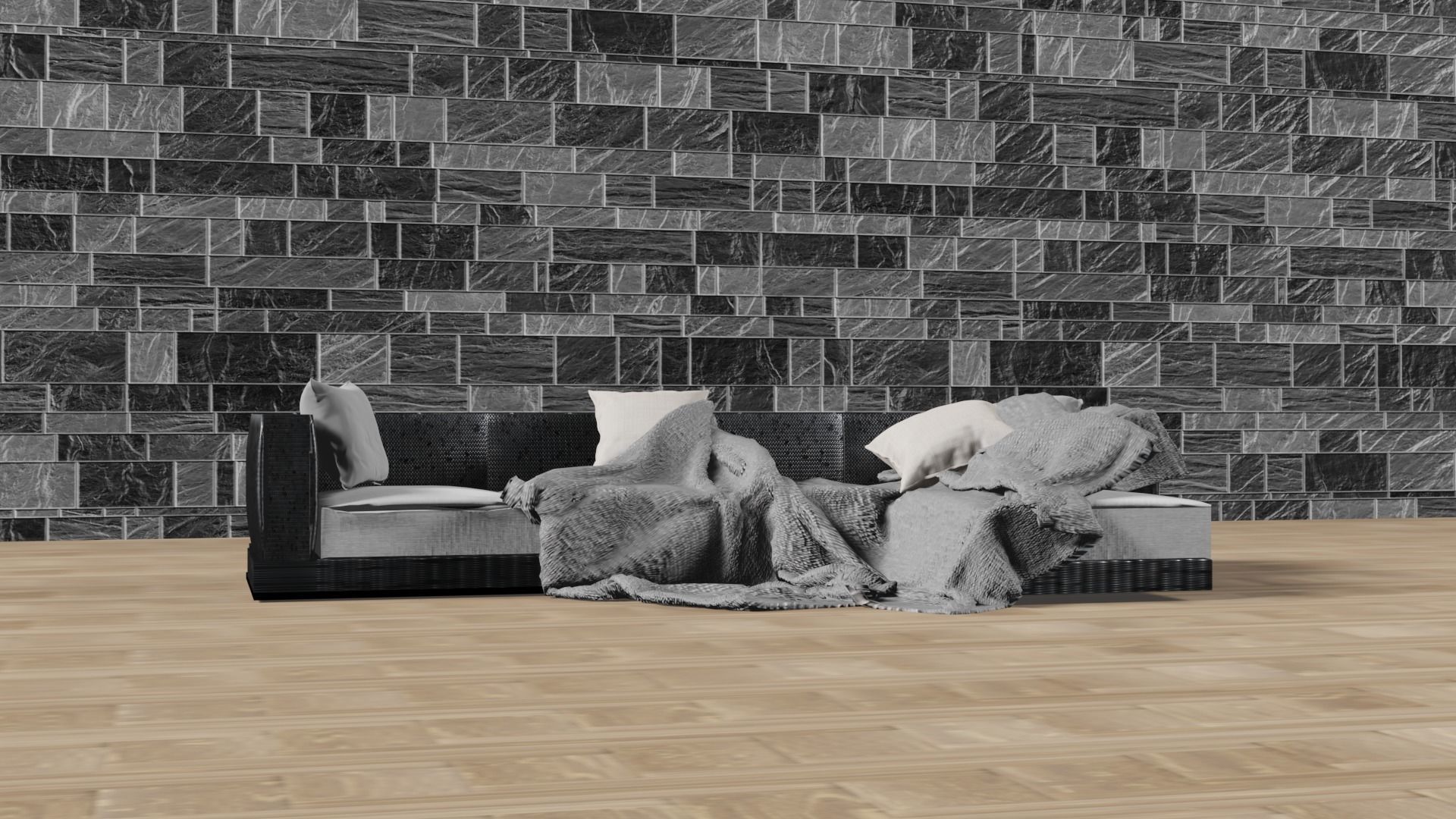 Modern sofa with pillows and blanket 3D model_7