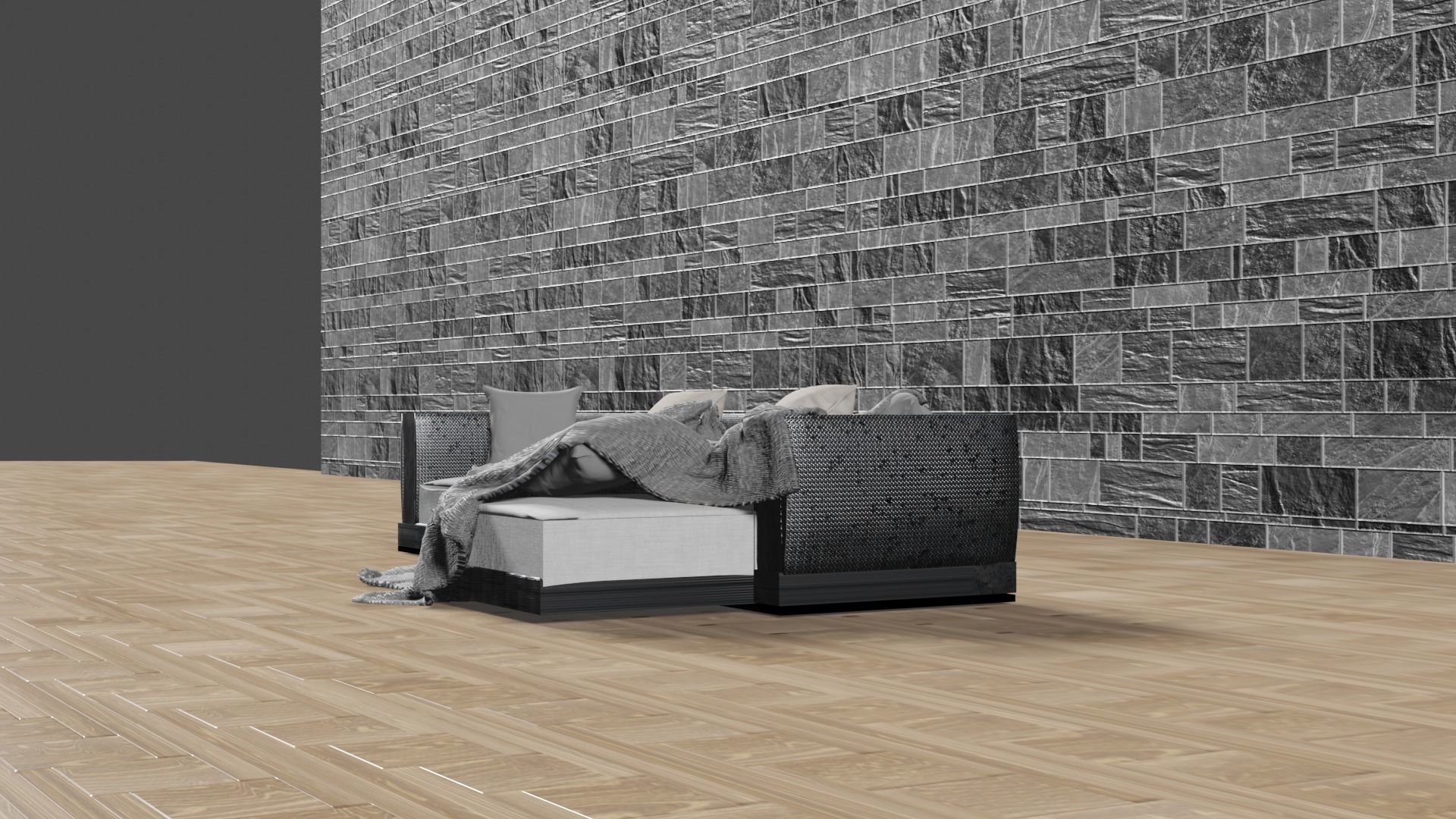 Modern sofa with pillows and blanket 3D model_1