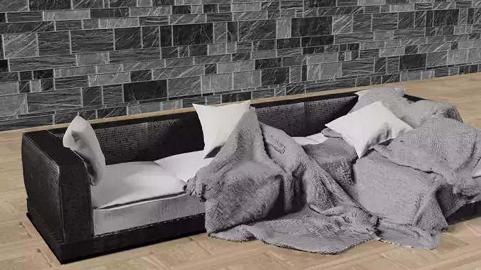 Modern sofa with pillows and blanket