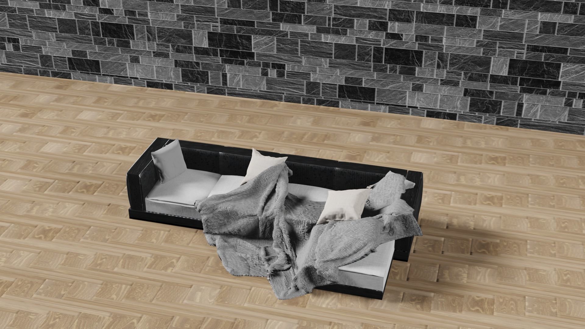 Modern sofa with pillows and blanket 3D model_5