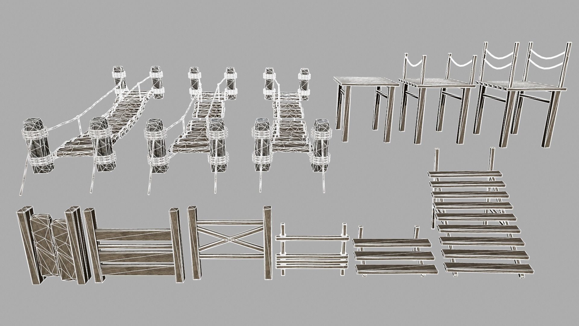 Wood Set braided rope Low-poly 3D model_1