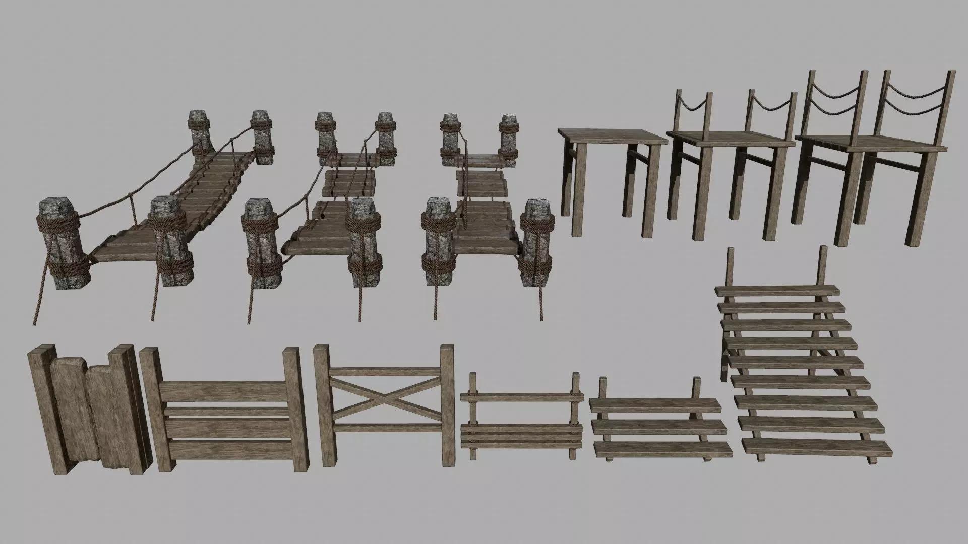 Wood Set braided rope Low-poly 3D model_0