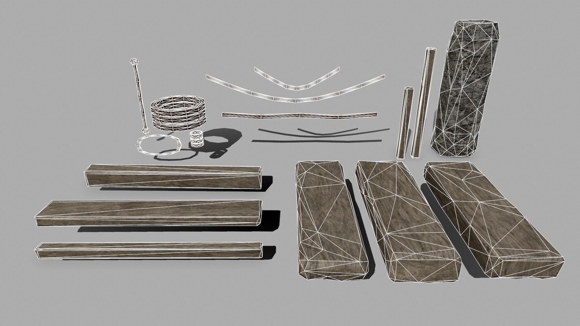 Wood Set braided rope Low-poly 3D model_3