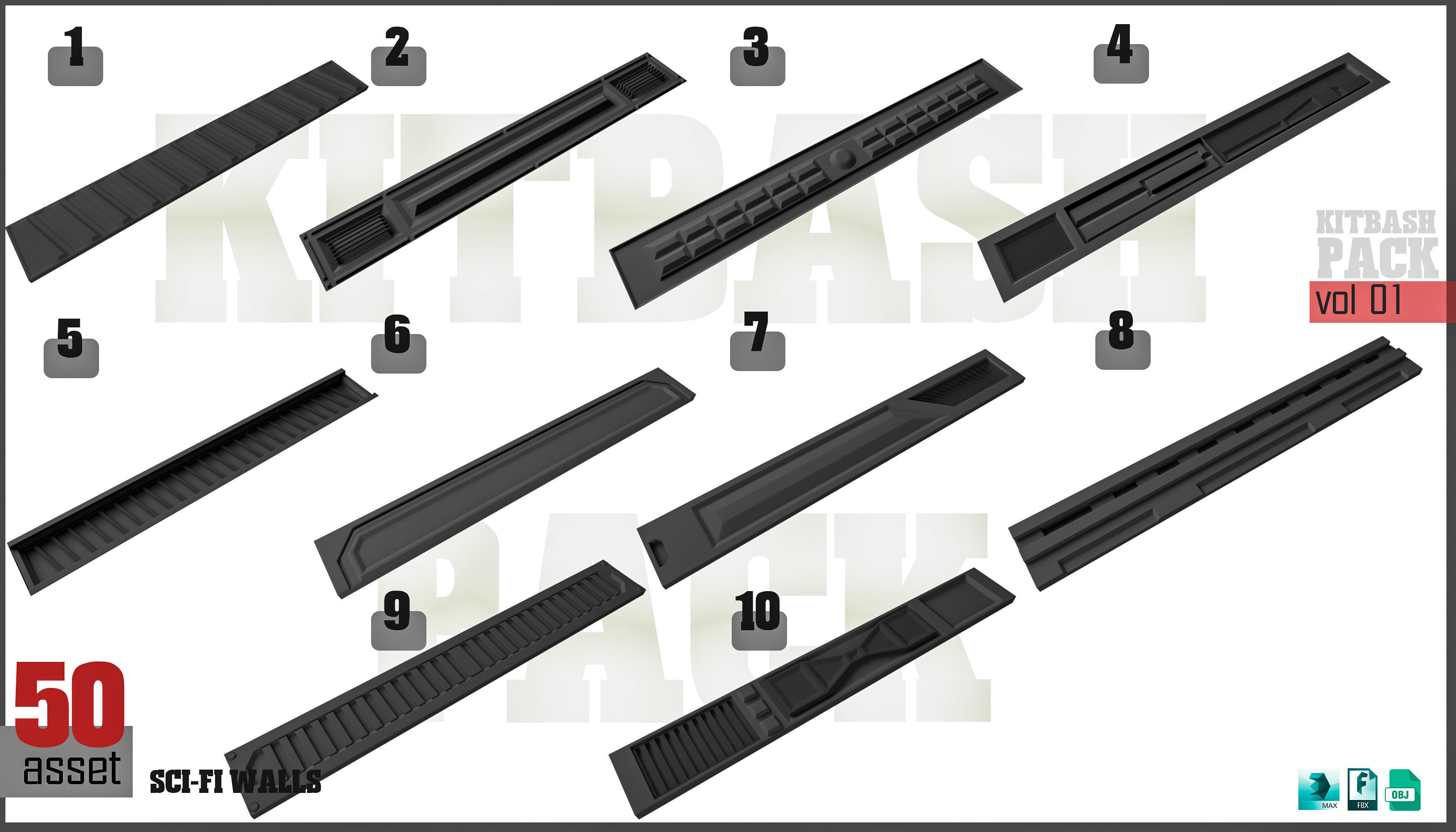 Sci-Fi walls KitBash Pack 50 vol 01 3D model_4