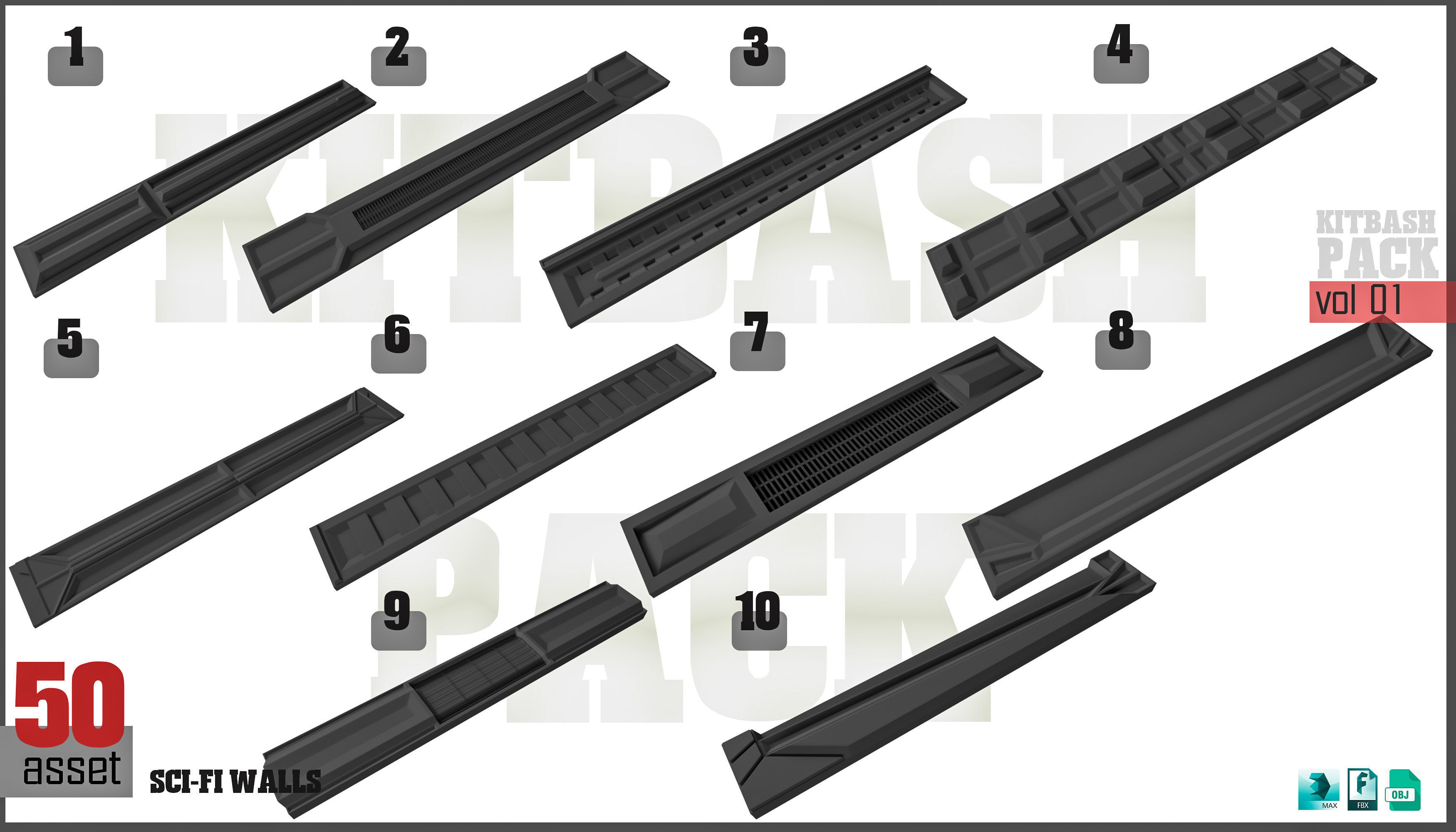 Sci-Fi walls KitBash Pack 50 vol 01 3D model_5