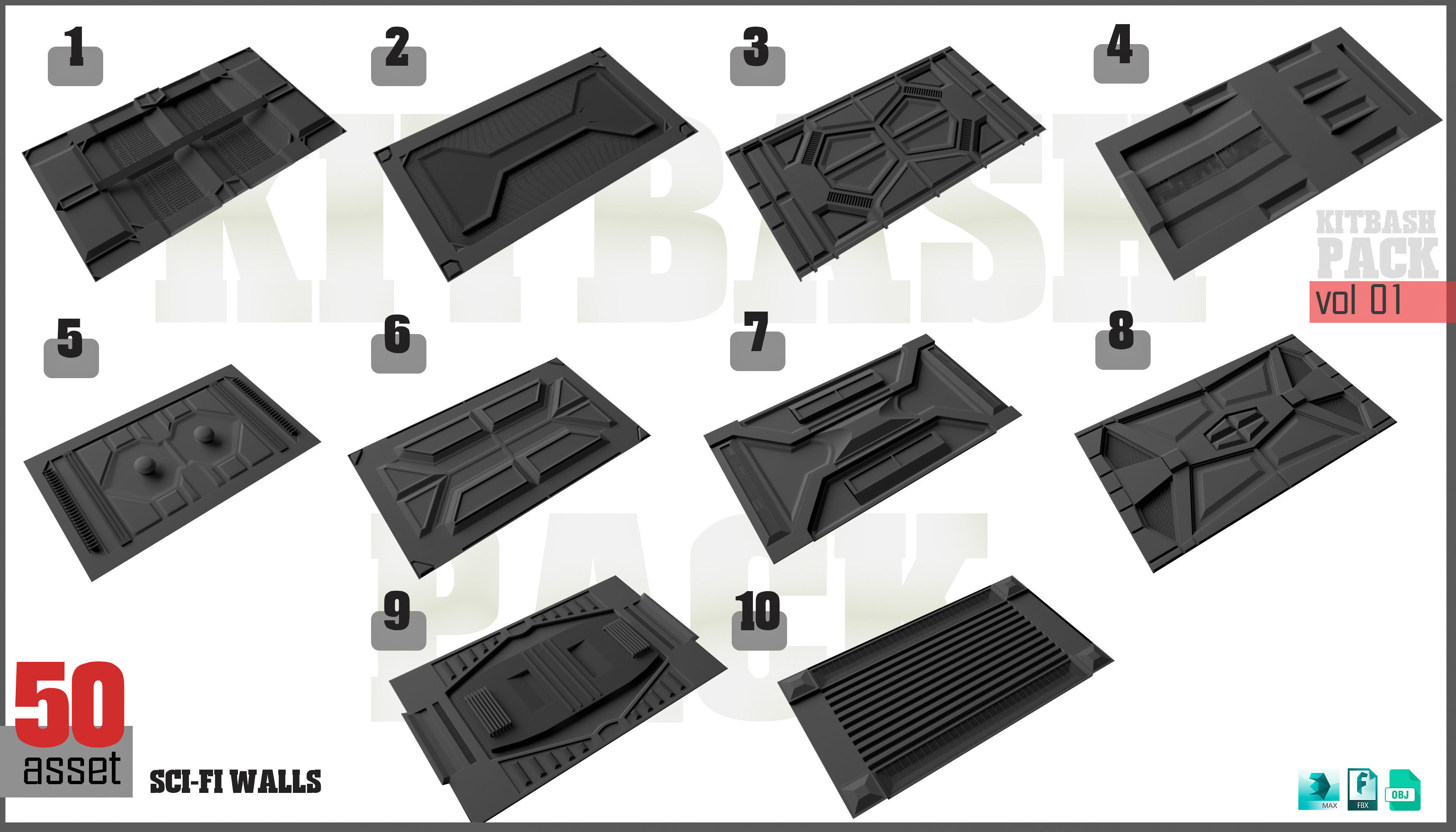 Sci-Fi walls KitBash Pack 50 vol 01 3D model_1