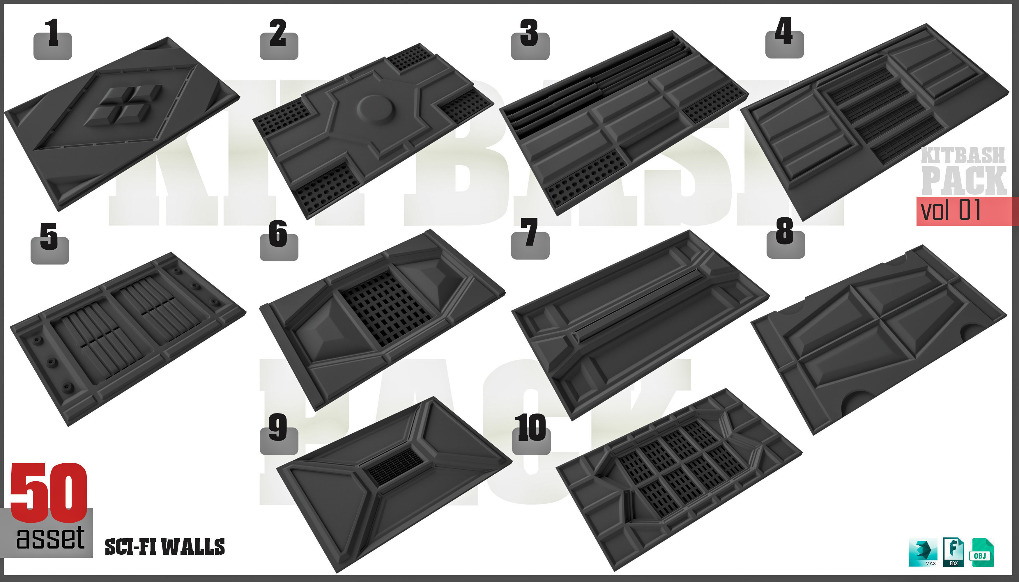 Sci-Fi walls KitBash Pack 50 vol 01 3D model_3