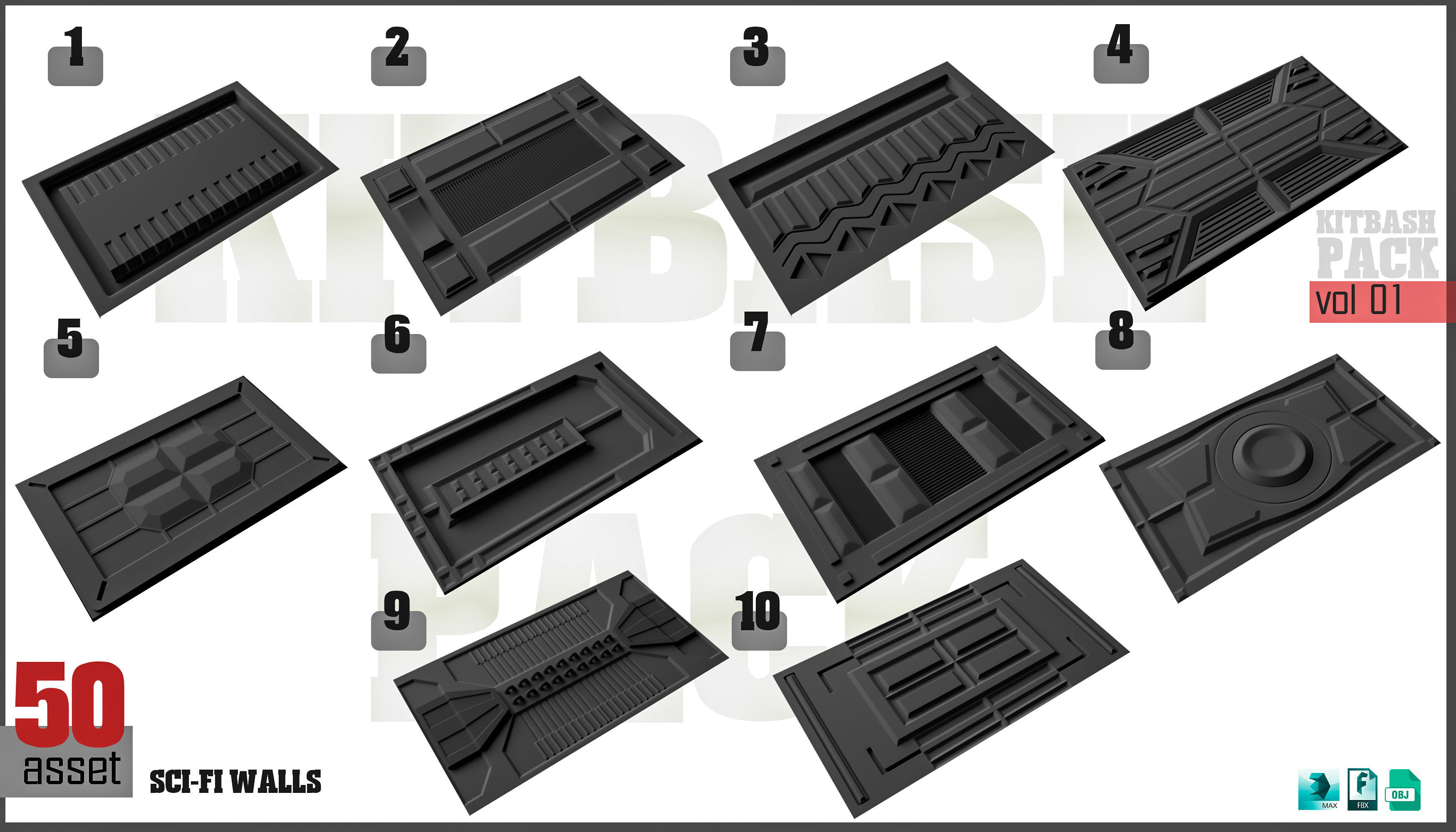 Sci-Fi walls KitBash Pack 50 vol 01 3D model_2