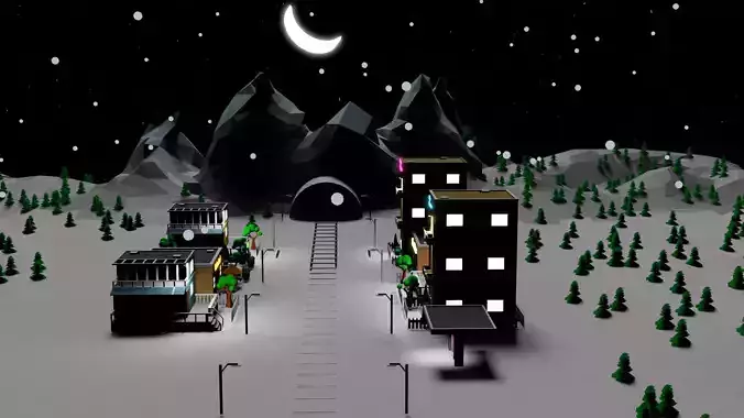low poly environment city at night with buildings and trees Low-poly 3D model