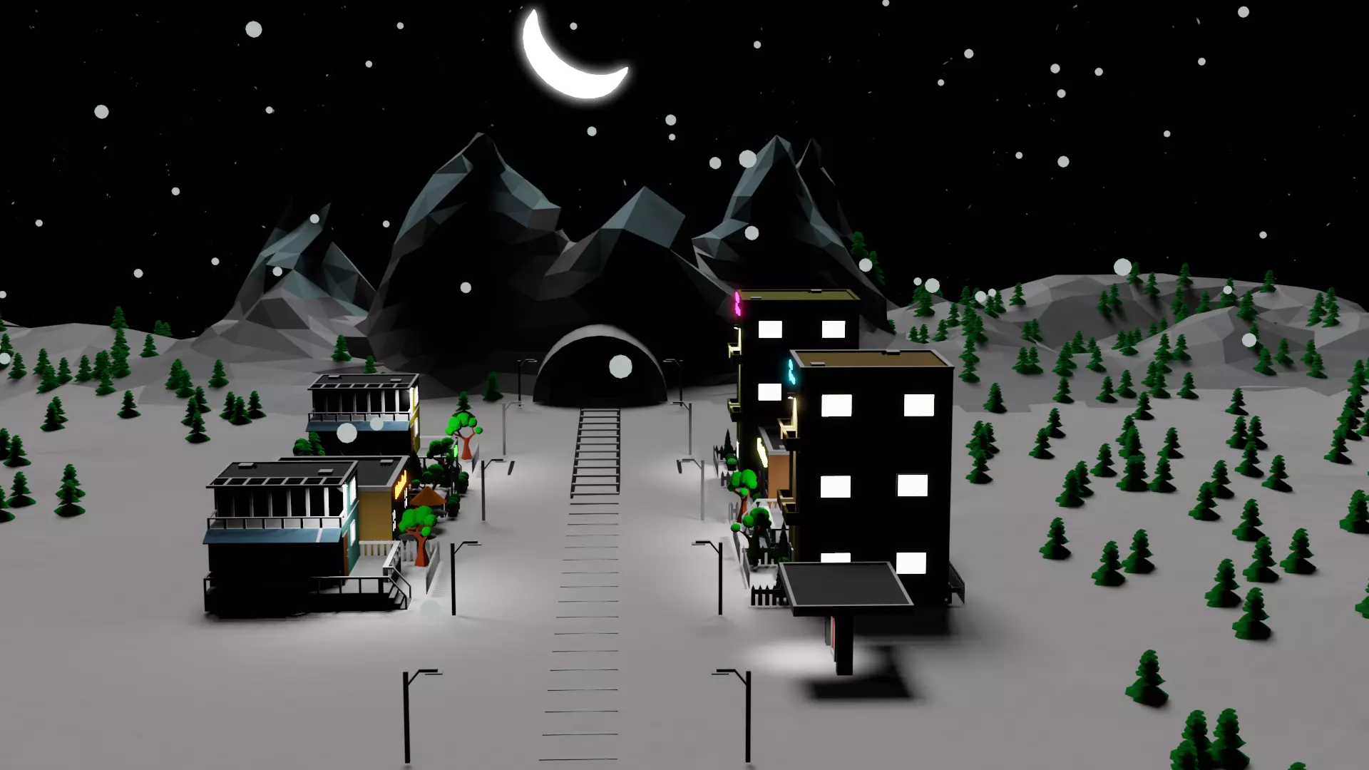 3D model low poly environment city at night with buildings and trees VR ...