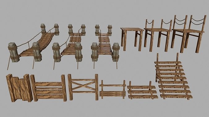 Wood Set rope Low-poly 3D model