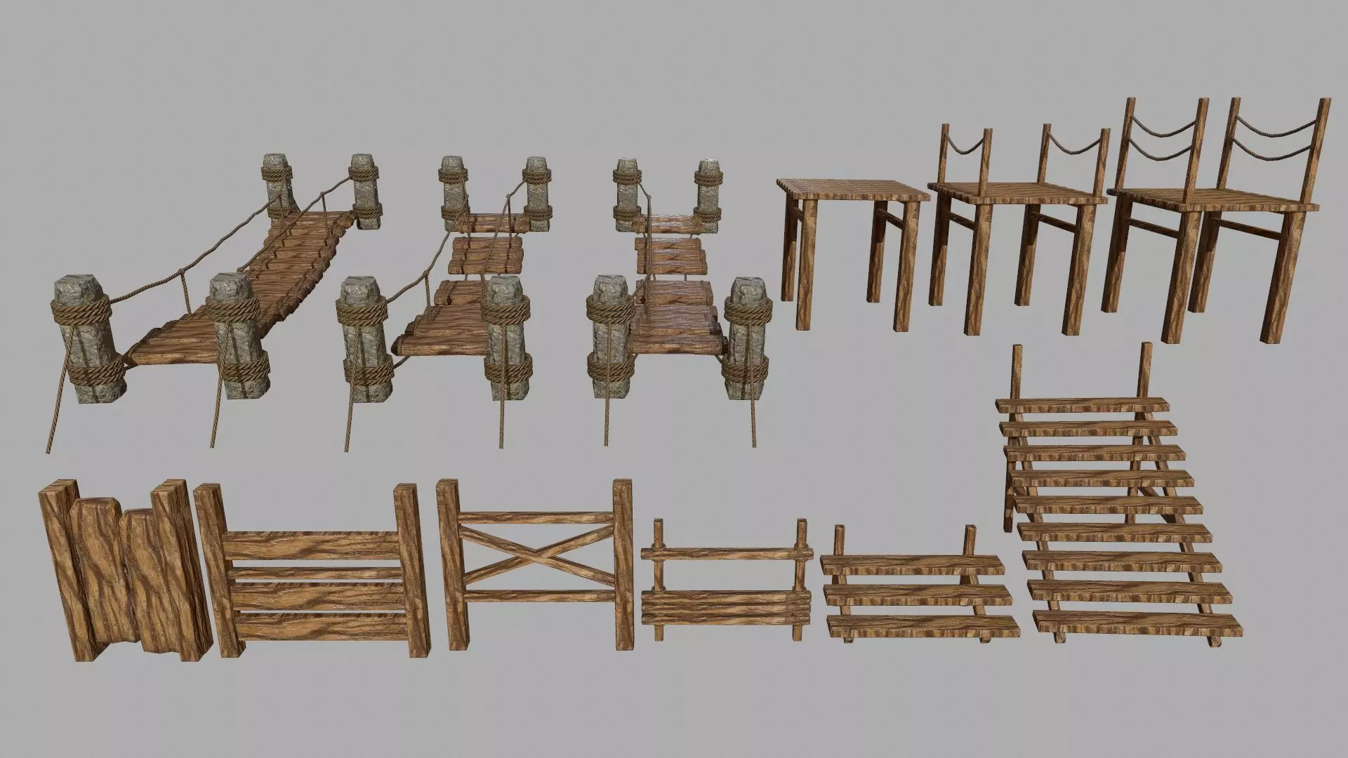 Wood Set rope Low-poly 3D model_0