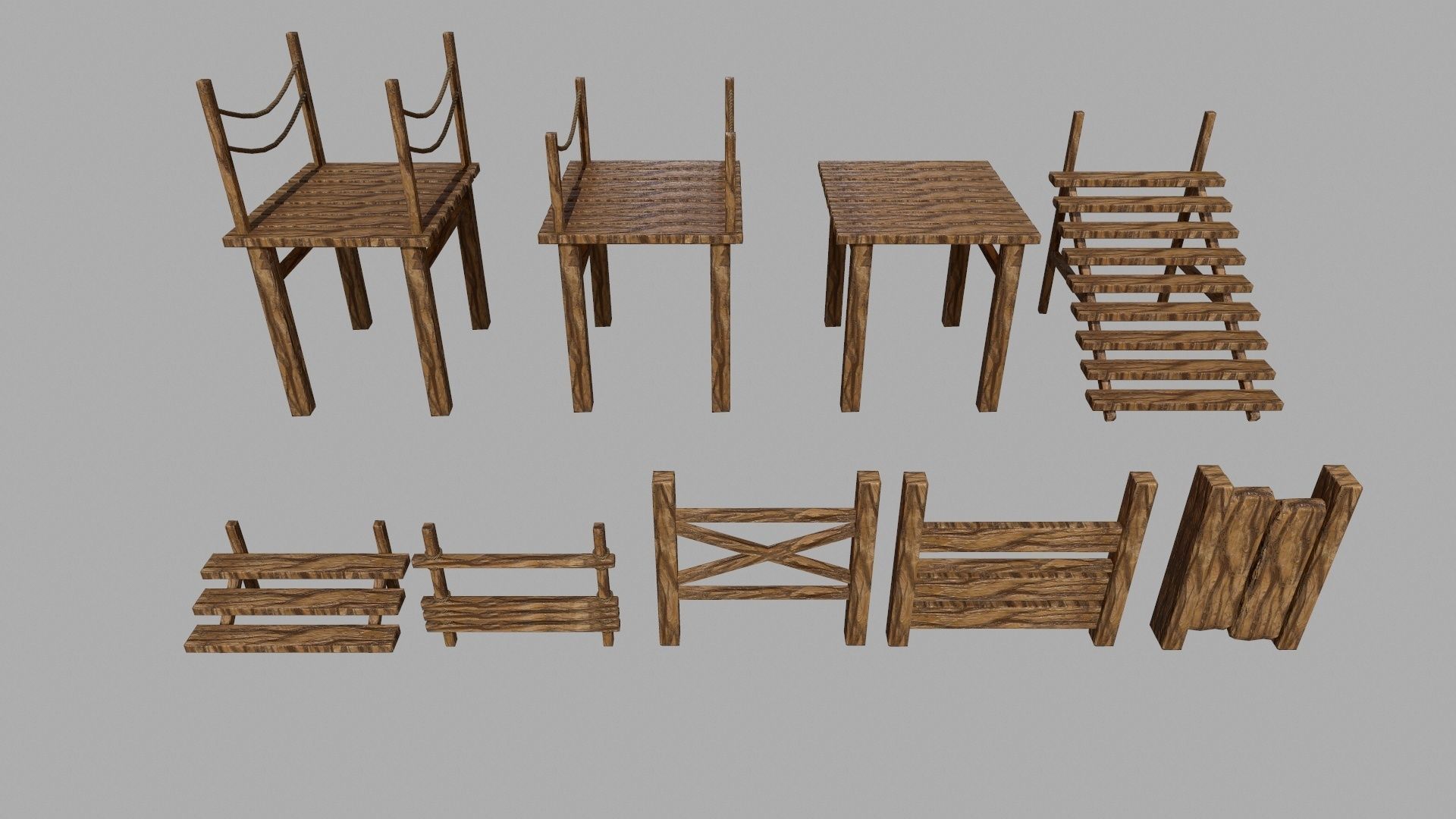 Wood Set rope Low-poly 3D model_5