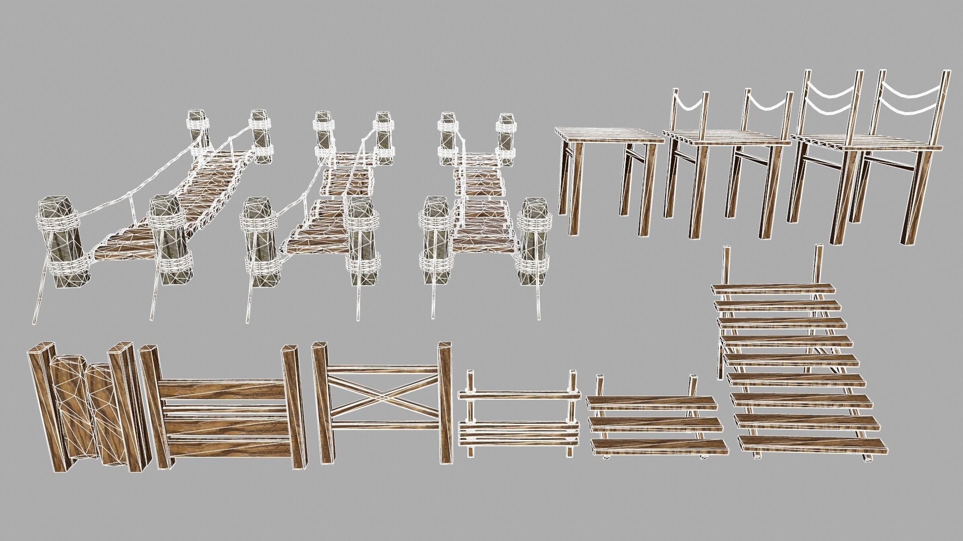 Wood Set rope Low-poly 3D model_1
