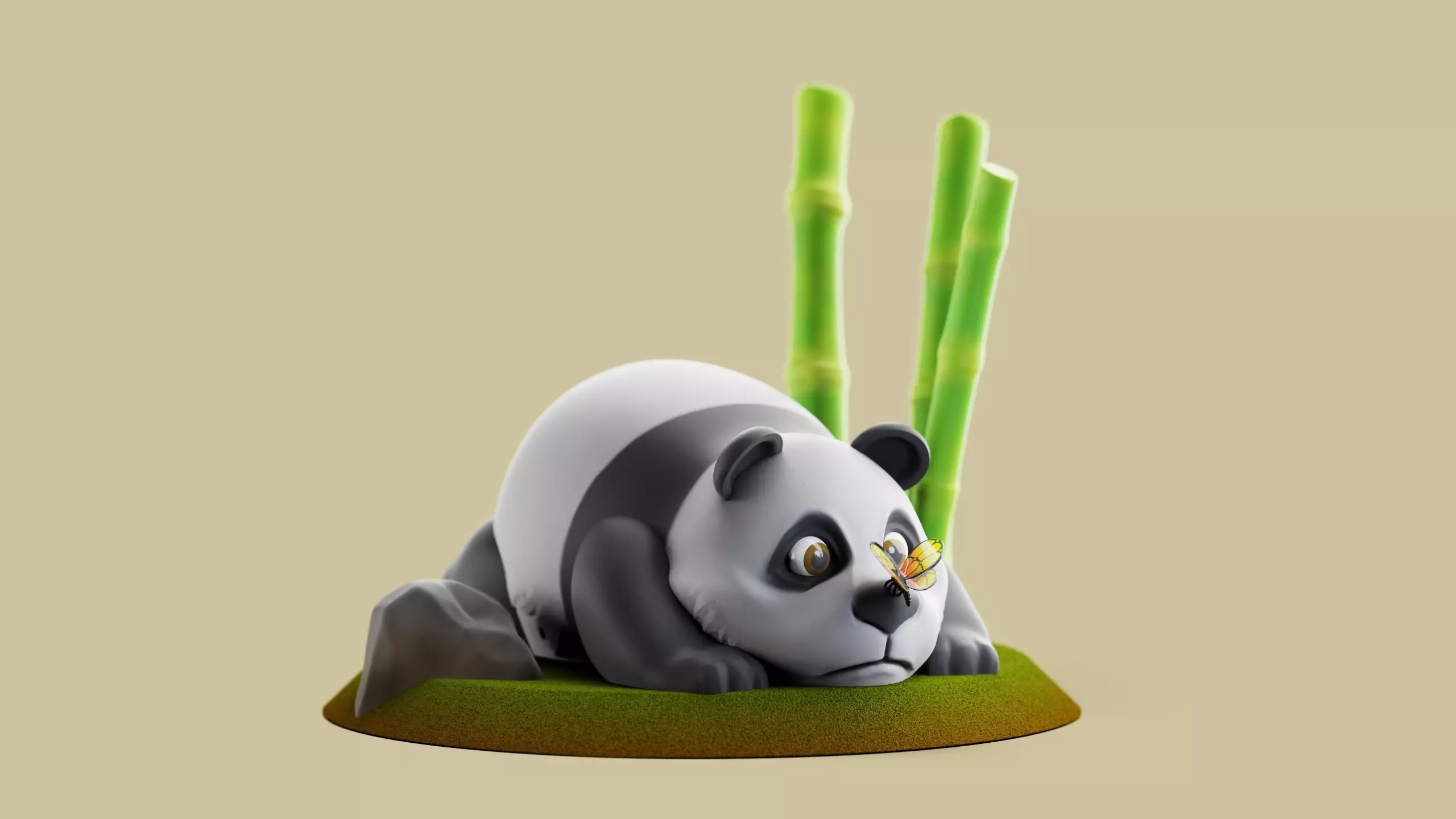 Resting panda bear with bamboo sticks 3D print model