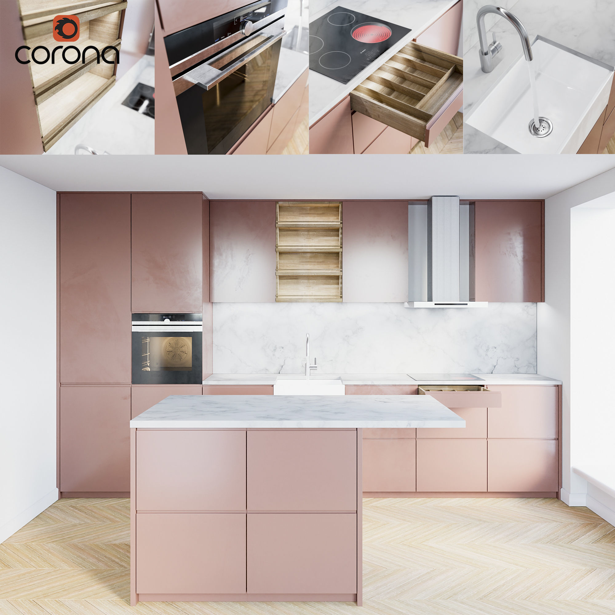 3d Kitchen Collection 1 Modern Pink Kitchen Cgtrader