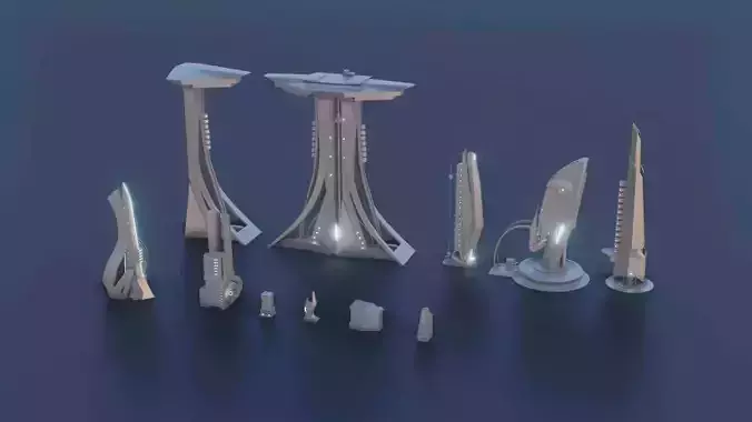 Low Poly Sci-Fi kitbash mini set Low-poly 3D model