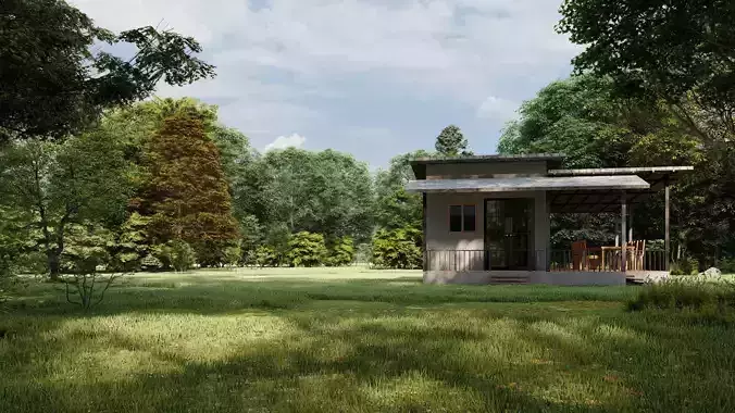 Modern-House Low-poly 3D model cabin in middle of field