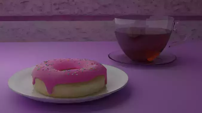Donut on plate with cup of tea