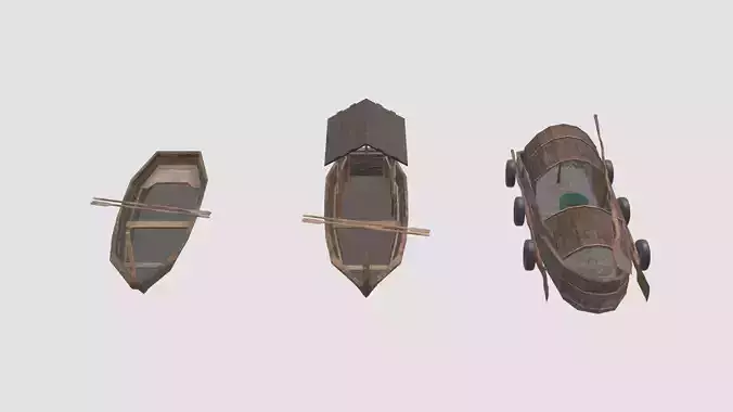 CANOE-BOAT group of wooden boats and house