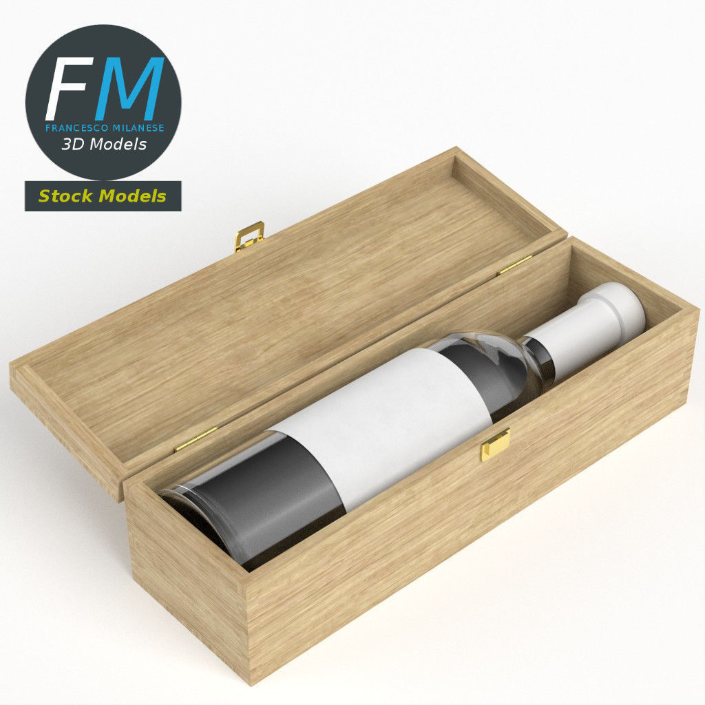 Wine bottle in a wooden box 3D model_4