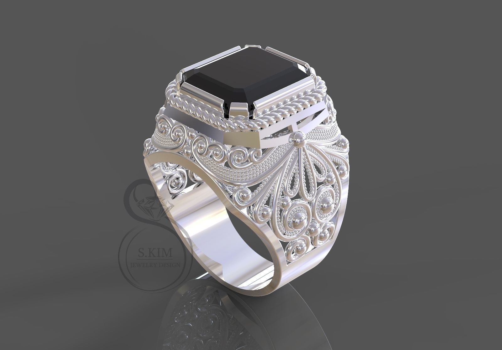 Emerald 16x14 Ring with filigree many sizes 3D print model_1