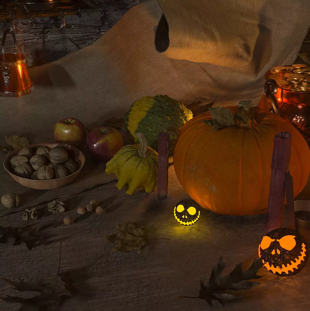 Halloween jack o lanterns and pumpkins on table 3D model_0