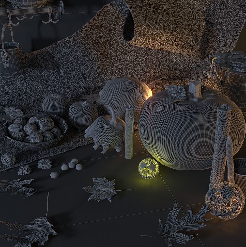 Halloween jack o lanterns and pumpkins on table 3D model_1