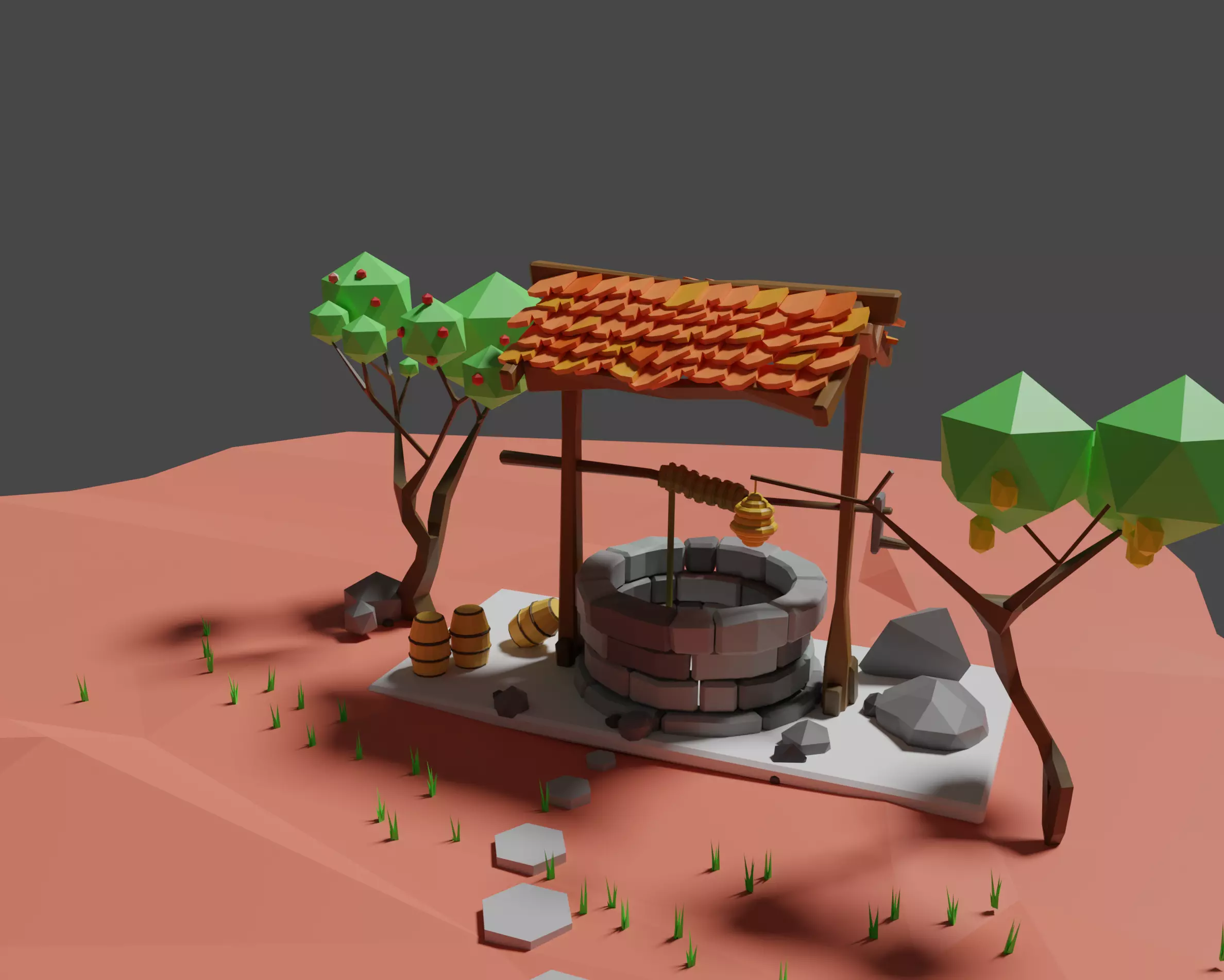 Low Poly water well in desert Low-poly 3D model_0