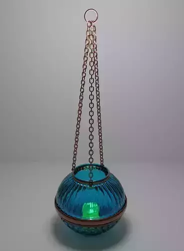 Blue glass candle holder on chains