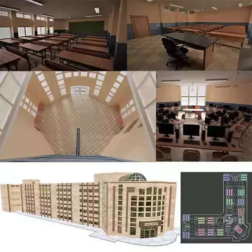 school building with interior rooms and Furnitures 3D model