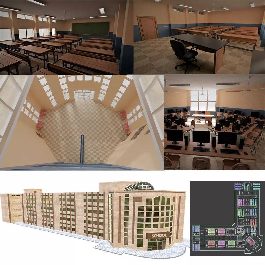 school building with interior rooms and Furnitures 3D model_0