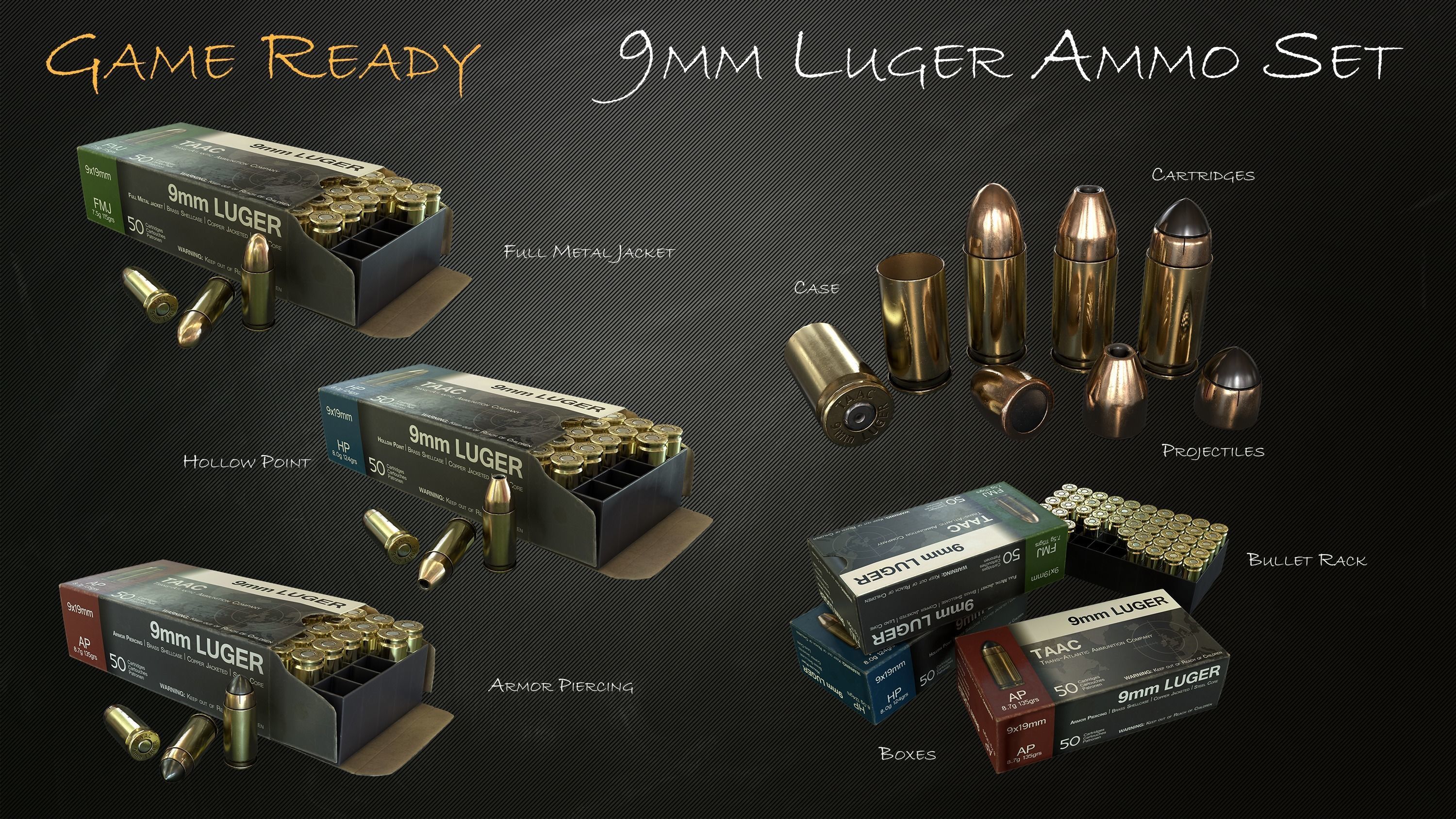 9mm Pistol Ammunition Pack Low-poly 3D model_1