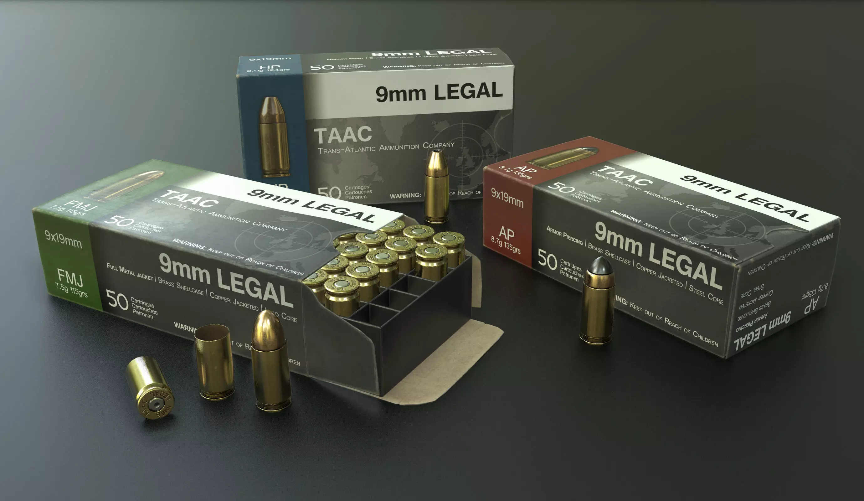 9mm Pistol Ammunition Pack Low-poly 3D model_0